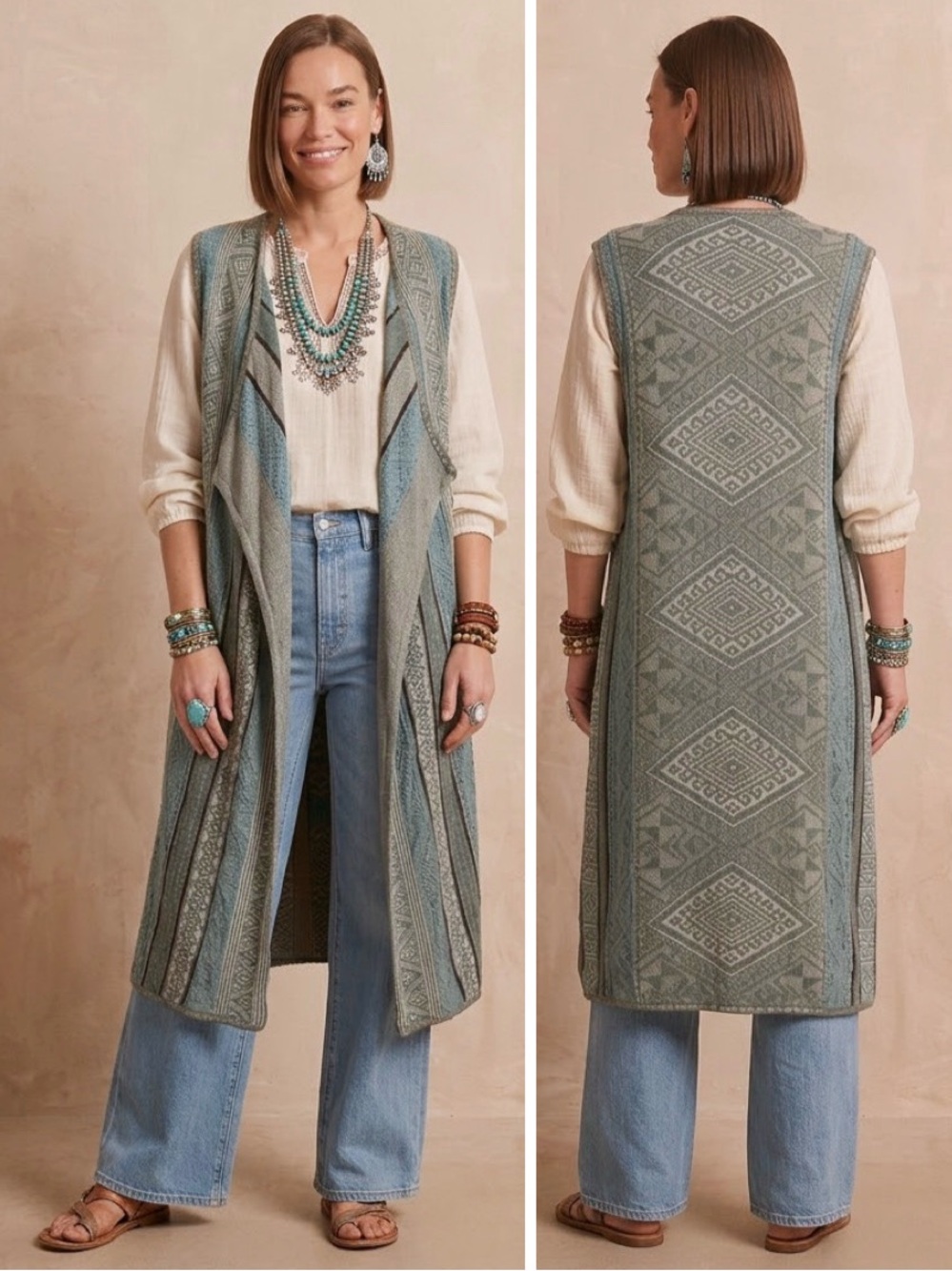 PERUVIAN CONNECTION Pima Cotton Linen Geometric Jacquard Long Vest Duster L